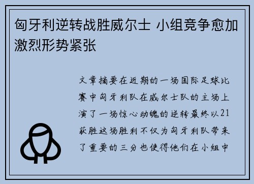 匈牙利逆转战胜威尔士 小组竞争愈加激烈形势紧张