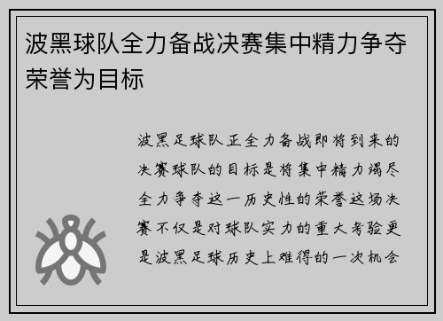 波黑球队全力备战决赛集中精力争夺荣誉为目标