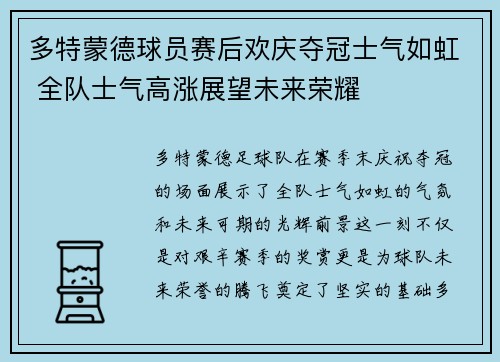 多特蒙德球员赛后欢庆夺冠士气如虹 全队士气高涨展望未来荣耀