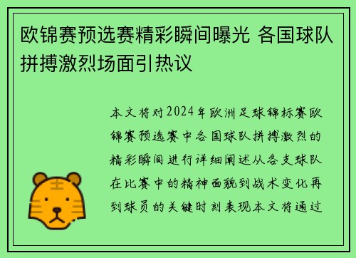 欧锦赛预选赛精彩瞬间曝光 各国球队拼搏激烈场面引热议