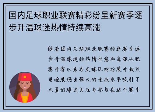 国内足球职业联赛精彩纷呈新赛季逐步升温球迷热情持续高涨