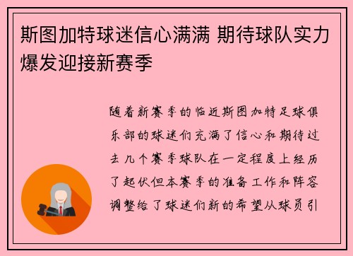 斯图加特球迷信心满满 期待球队实力爆发迎接新赛季