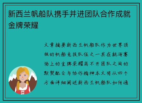 新西兰帆船队携手并进团队合作成就金牌荣耀