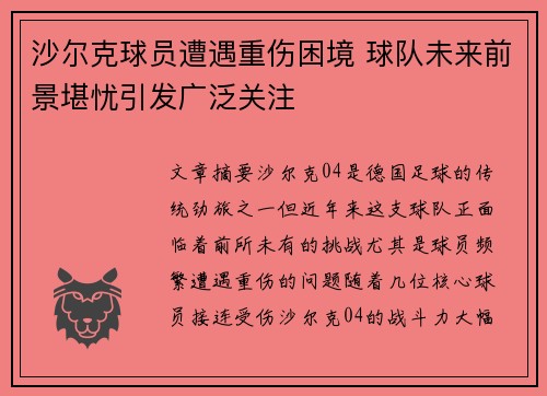 沙尔克球员遭遇重伤困境 球队未来前景堪忧引发广泛关注