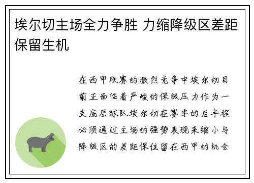 埃尔切主场全力争胜 力缩降级区差距保留生机