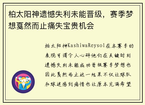 柏太阳神遗憾失利未能晋级，赛季梦想戛然而止痛失宝贵机会