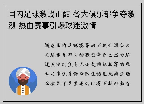国内足球激战正酣 各大俱乐部争夺激烈 热血赛事引爆球迷激情