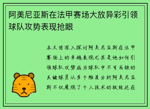 阿美尼亚斯在法甲赛场大放异彩引领球队攻势表现抢眼