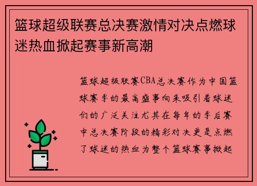 篮球超级联赛总决赛激情对决点燃球迷热血掀起赛事新高潮