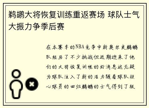 鹈鹕大将恢复训练重返赛场 球队士气大振力争季后赛